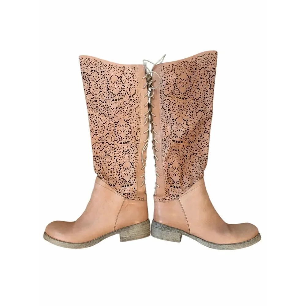 Sundance Lucera Lace Up Laser Cut Knee-High Boots in Nude/Blush Size 39 US 8.5-9